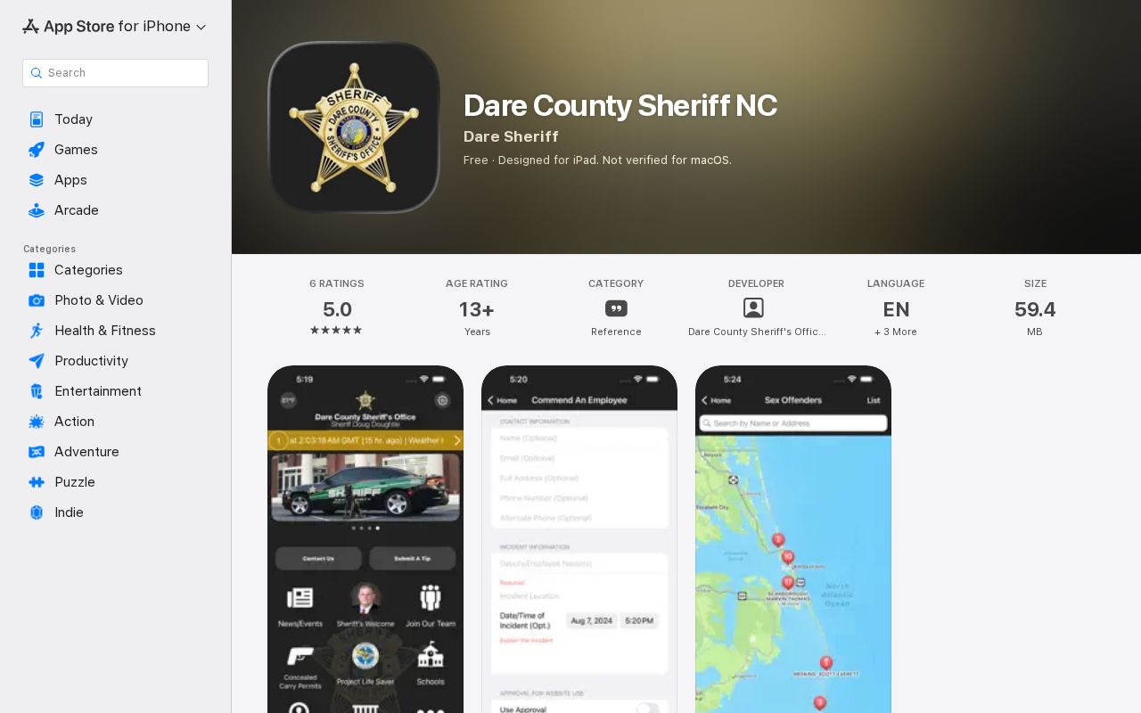 Official Dare County Sheriff app listing with news and public-safety features