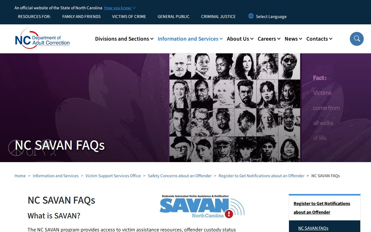 Dare County VINELink custody alert information in the NC SAVAN FAQ